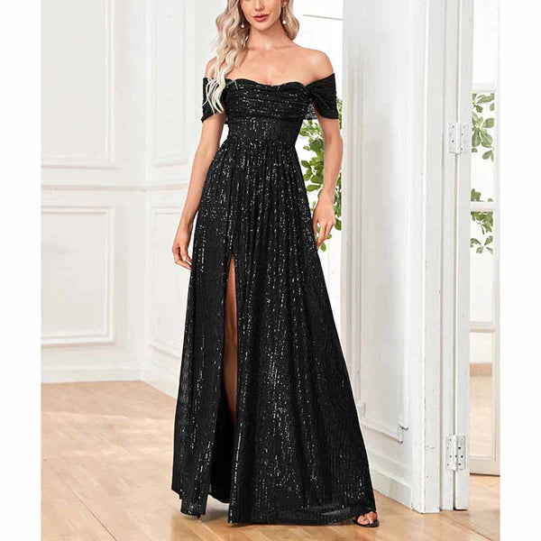 Off Shoulder High Split Sequined Evening Party Maxi Dress for Prom