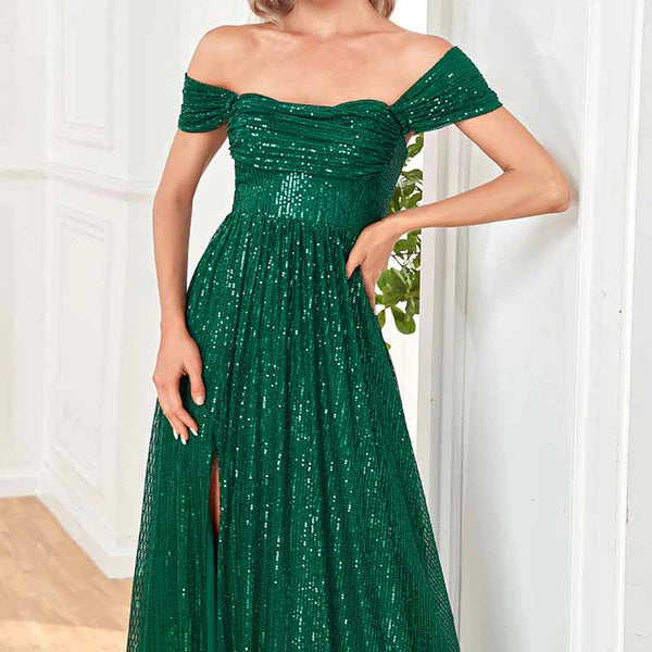 Off Shoulder High Split Sequined Evening Party Maxi Dress for Prom