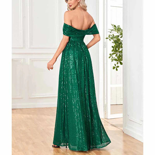 Off Shoulder High Split Sequined Evening Party Maxi Dress for Prom