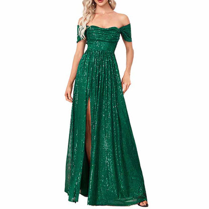 Off Shoulder High Split Sequined Evening Party Maxi Dress for Prom