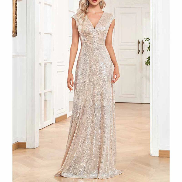 Sequins/Sparkling V-Neck Sleeveless Sequin Maxi Evening Dresses