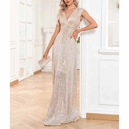 Sequins/Sparkling V-Neck Sleeveless Sequin Maxi Evening Dresses