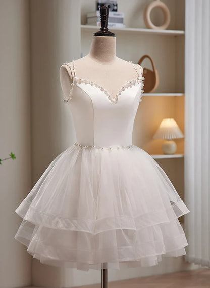 Cute White Short Tulle Beaded Graduation Dress Prom Dress Formal Dress