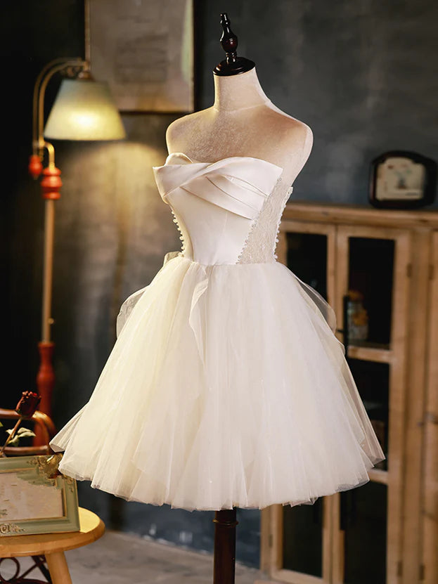 A-Line Ivory Tulle and Satin Short Homecoming Dress Graduation Dress