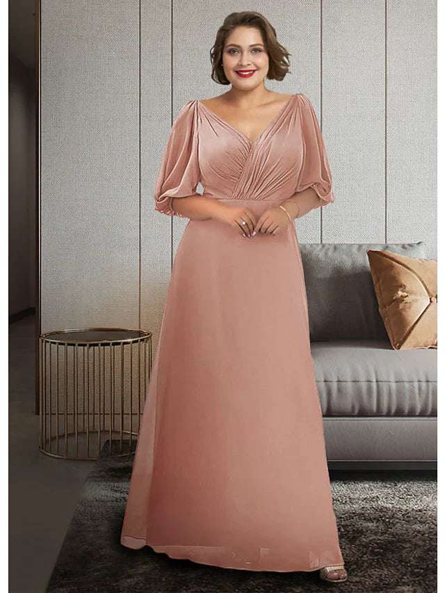 A-Line Mother of the Bride Dress Plus Size Elegant V Neck Ankle Length Chiffon Half Sleeve with Ruching