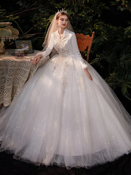 Princess Ball Gown Wedding Dresses V Neck Floor Length Lace Tulle Long Sleeve Romantic Sparkle & Shine with Appliques