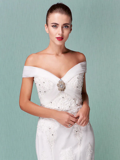 Wedding Dresses Off Shoulder Chapel Train Organza Short Sleeve with Beading Appliques Crystal Floral