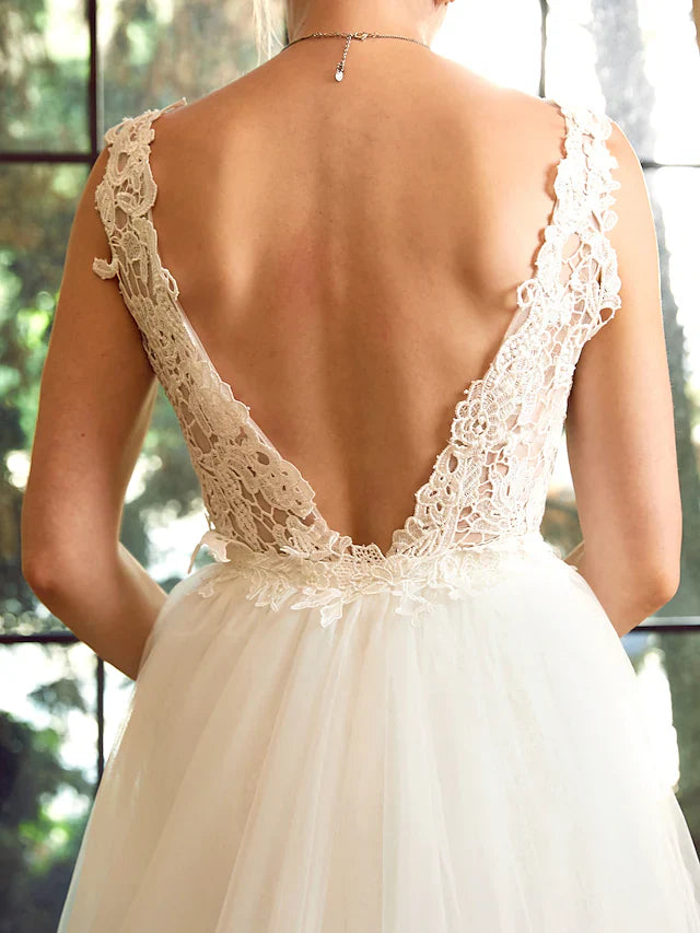 Wedding Dresses V Neck Chapel Train Lace Tulle Regular Straps See-Through with Appliques