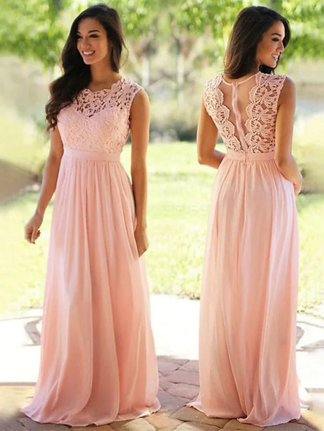 A-Line Jewel Neck Floor Length Chiffon Lace Bridesmaid Dress with Sash Ribbon Pleats