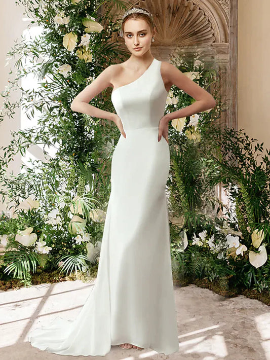 Wedding Dresses One Shoulder Chiffon Sleeveless Simple Sexy