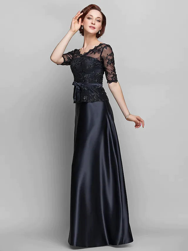 A-Line Mother of the Bride Dress See Through V Neck Floor Length Lace Satin Half Sleeve with Lace Bow(s) Beading