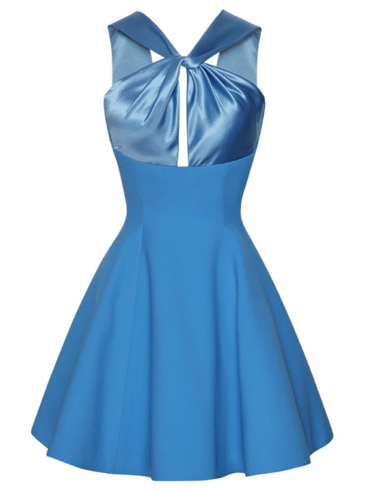 Quyihu Dresses Formal Satin Patchwork Halter Blue Mini Dress Stores With Prom Dresses