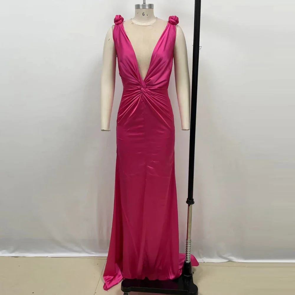 Quyihu Dresses Formal Satin Pleated Pink Cross Cut Maxi Dress Stores With Prom Dresses