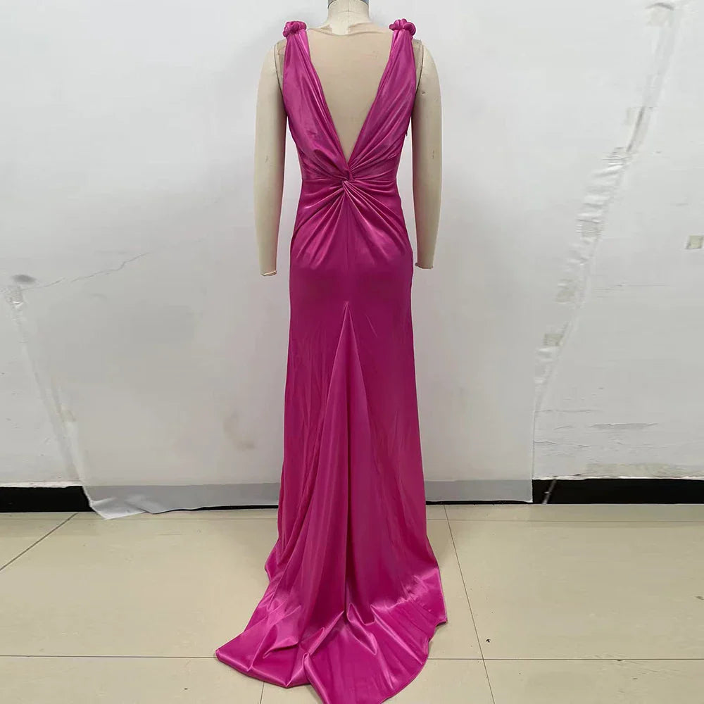 Quyihu Dresses Formal Satin Pleated Pink Cross Cut Maxi Dress Stores With Prom Dresses