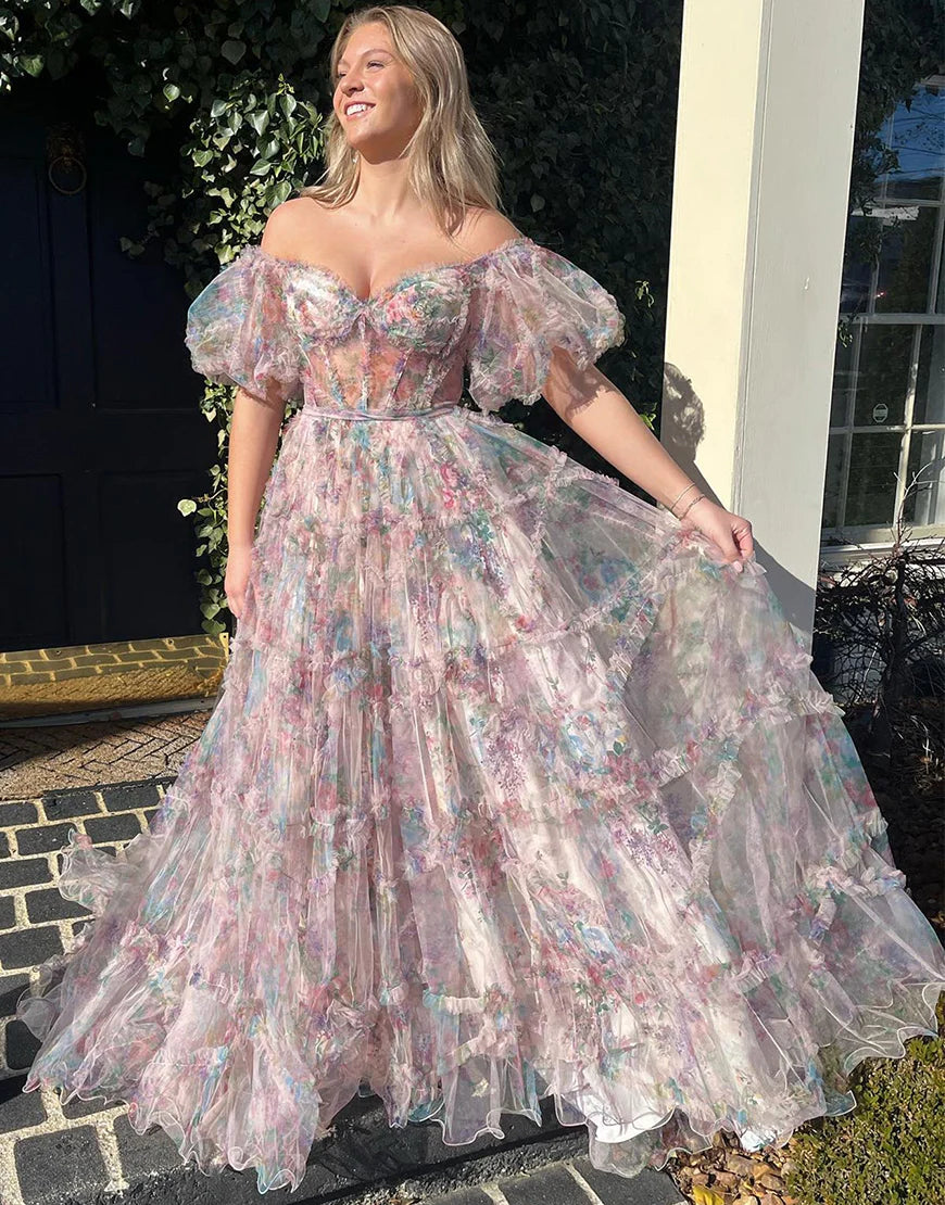 A-Line Princess Strapless Off The Shoulder Floral Tulle Long Prom Dress