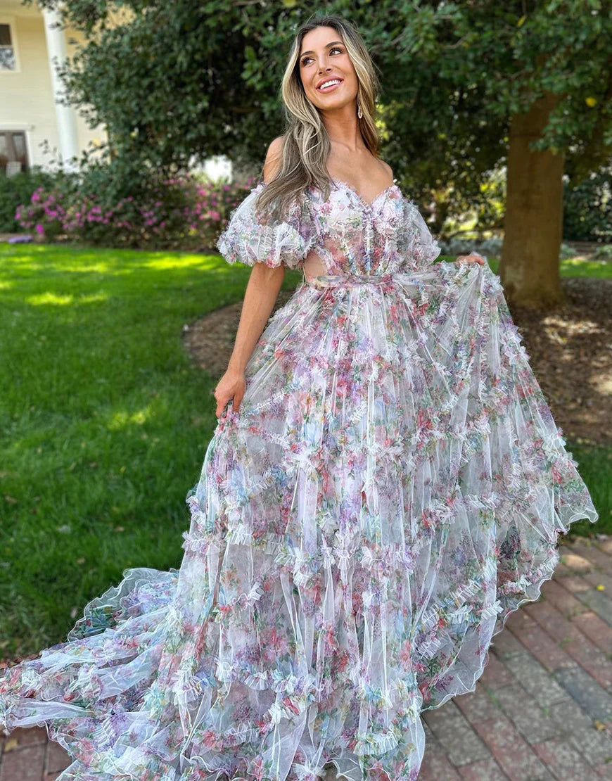 A-Line Princess Strapless Off The Shoulder Floral Tulle Long Prom Dress