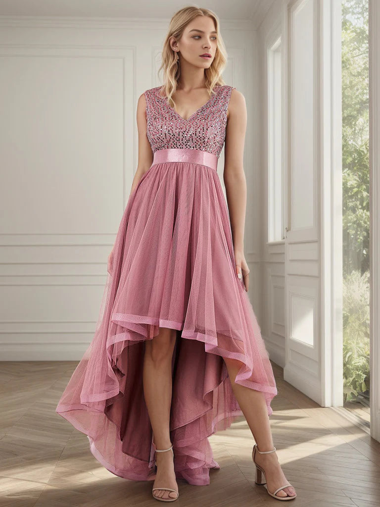 Sleeveless Sequin Ribbon Waist Tulle High Low Evening Dress