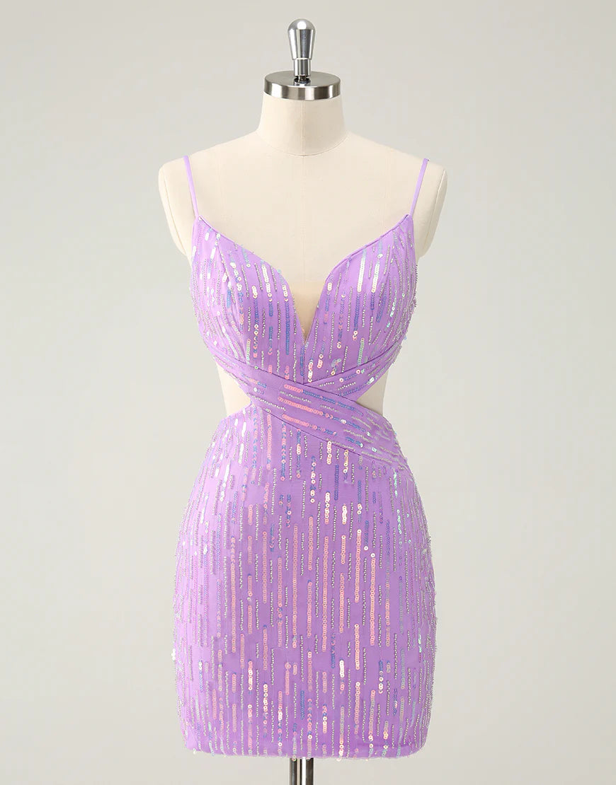 Glitter Purple Tight Sequined V Neck Backless Homecoming Dress