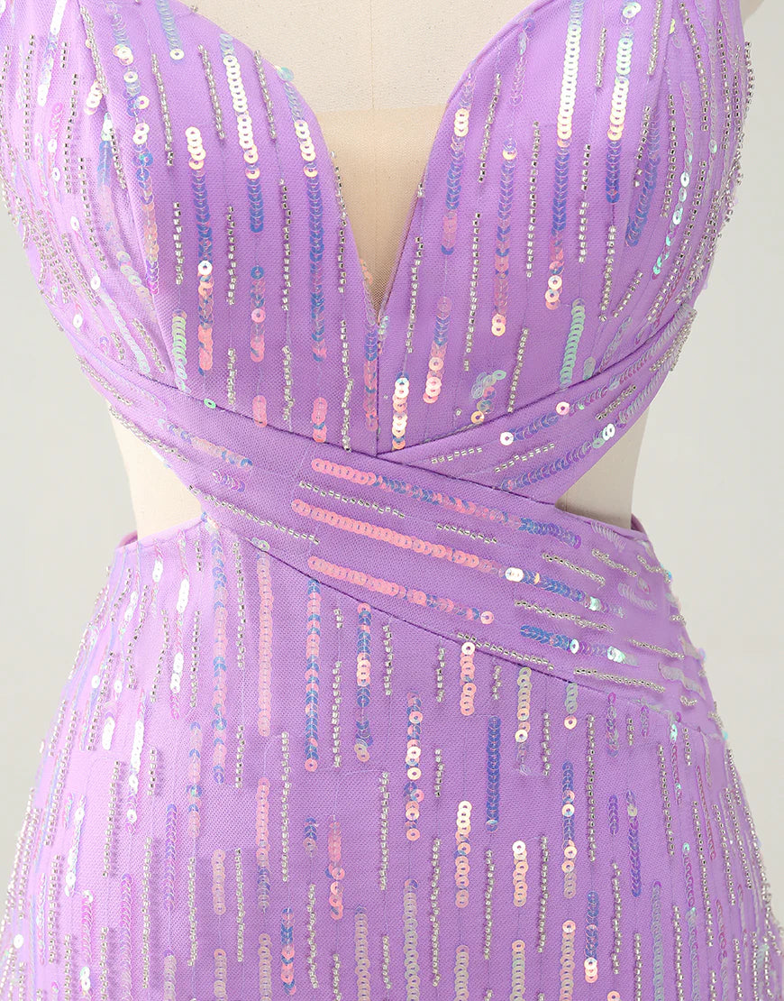 Glitter Purple Tight Sequined V Neck Backless Homecoming Dress