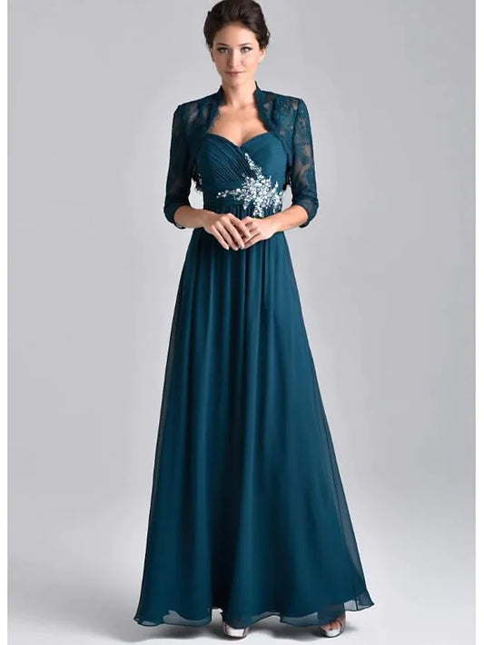 Two Piece A-Line Mother of the Bride Dress Elegant Spaghetti Strap Floor Length Chiffon Lace 3/4 Length Sleeve with Embroidery