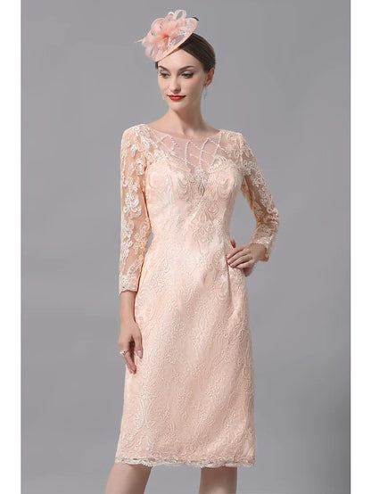 Mother of the Bride Dress Plus Size Sexy See Through Bateau Neck Knee Length Lace 3/4 Length Sleeve with Pleats Appliques