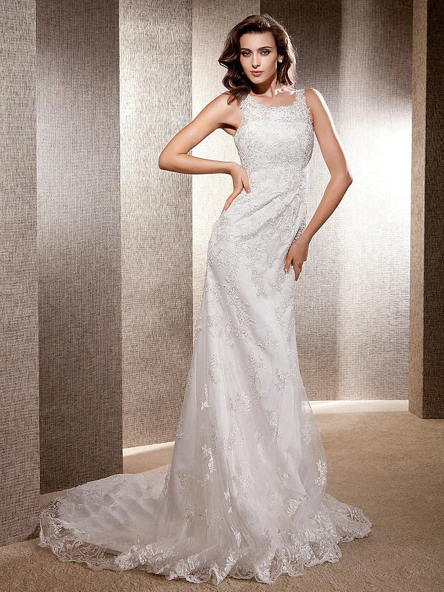 Wedding Dresses Scoop Neck Lace Tulle Sleeveless