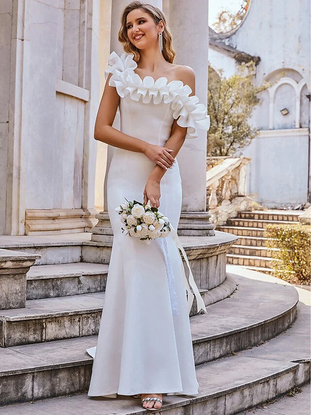 Wedding Dresses Off Shoulder Floor Length Chiffon Sleeveless Romantic with Cascading Ruffles