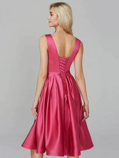 A-Line Minimalist Elegant Cocktail Party Prom Valentine's Day Dress V Wire Sleeveless Knee Length Satin with Sash Ribbon