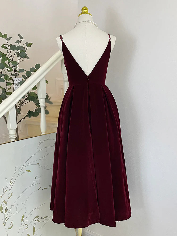 A-Line V Neck Velvet Burgundy Tea Length Prom Dress Formal Dress