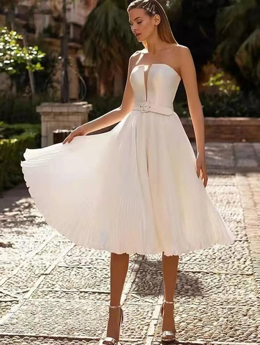 Bridal Shower Little White Dresses Wedding Dresses Tea Length A-Line Sleeveless Strapless Satin With Sash Ribbon