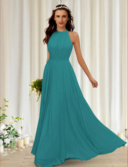 Bridesmaid Dress Halter Neck Sleeveless Elegant Floor Length Chiffon Lace with Pleats