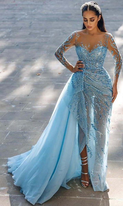 Attractive Sexy Long Sleeves Beaded Sparkly Prom Dress with Slit