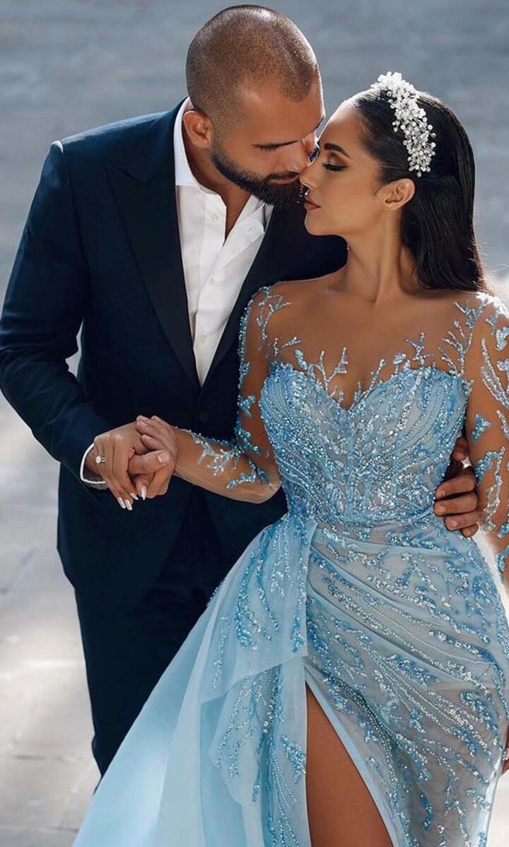 Attractive Sexy Long Sleeves Beaded Sparkly Prom Dress with Slit