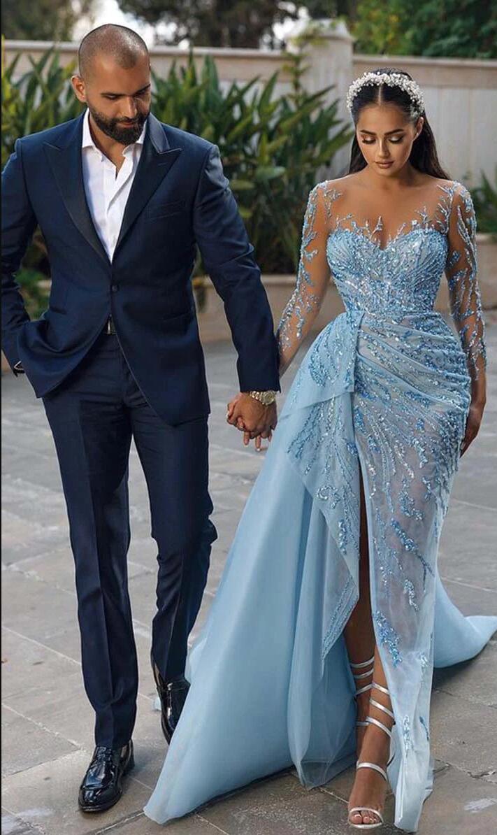 Attractive Sexy Long Sleeves Beaded Sparkly Prom Dress with Slit