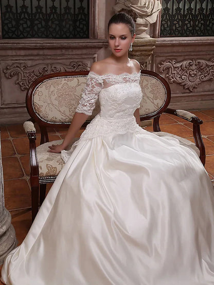 Ball Gown Wedding Dresses Scalloped-Edge Off Shoulder Court Train Satin Half Sleeve