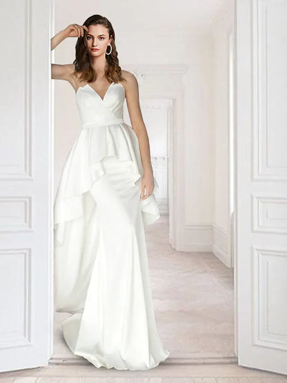 Wedding Dresses V Neck Court Train Detachable Satin Sleeveless Simple with Ruffles