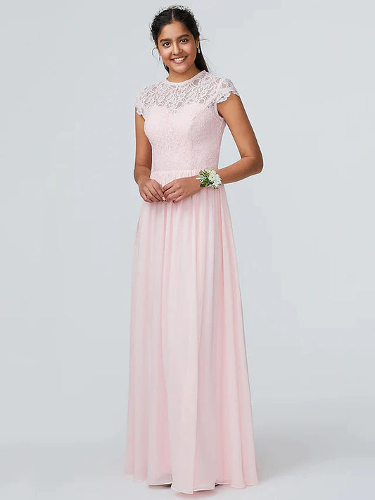 A-Line Jewel Neck Floor Length Chiffon Bridesmaid Dress with Lace Sparkle & Shine