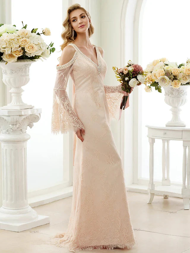 Wedding Dresses Plunging Neck Sheer Lace Long Sleeve Wedding Dress in Color Open Back Floral Lace with Bow(s) Crystals