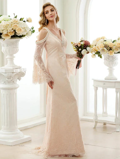 Wedding Dresses Plunging Neck Sheer Lace Long Sleeve Wedding Dress in Color Open Back Floral Lace with Bow(s) Crystals