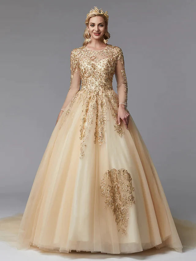 Ball Gown Wedding Dresses Jewel Neck Lace Tulle Long Sleeve Glamorous See-Through Backless Modern with Beading Appliques