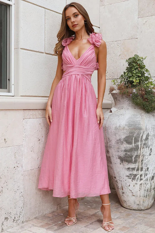 Quyihu Dress Deep V Neck Petal Decor Lace Up Backless A-Line Midi Dresses Pink Prom Dress