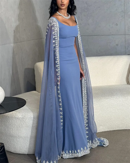 Quyihu Dress Dusty Blue Mermaid Appliques Beading Long Party Dress with Cape Sleeves Formal Women's Dresses