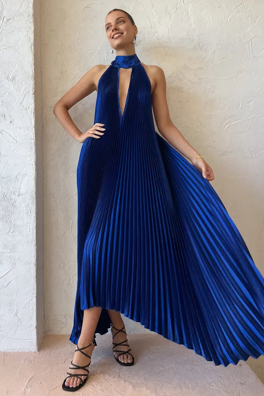 Quyihu Dress Halter Tied Up Cutout Neck Pleated Backless Asymmetric Hem Wedding Guest Maxi Dresses Royal Blue Prom Dress