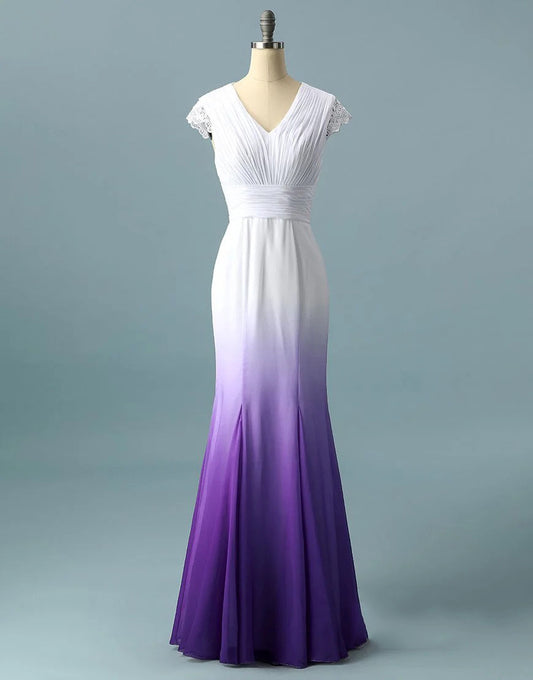 Quyihu Dress V neck Ombre Formal Prom Dress A Line Open Back Lace Wedding Party Gown