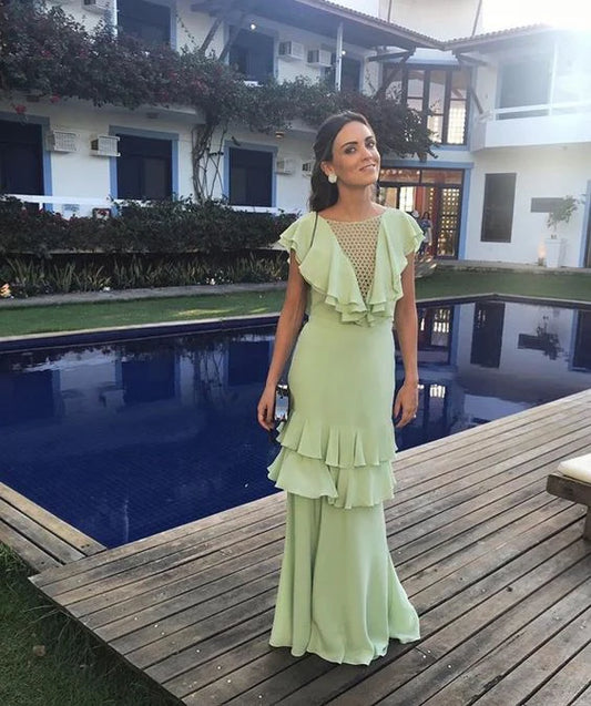 Quyihu Prom Clothing Elegant Light Green Backless A-Line Ruffles Prom Dress Evening Party Dress