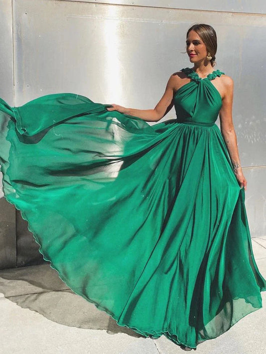 Quyihu Prom Clothing Green Plain Backless Long A-line Chiffon Prom Dress