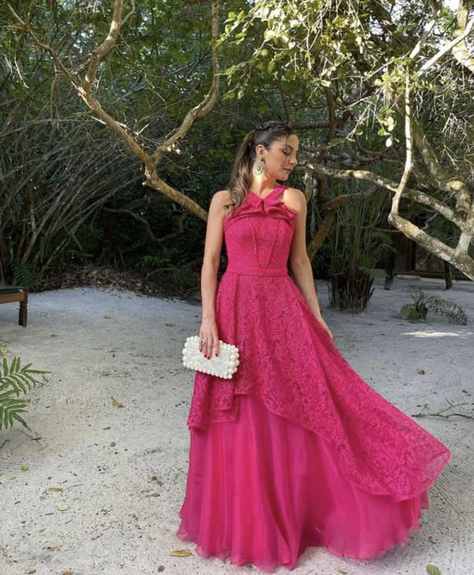 Quyihu Prom Clothing Hot Pink Sleeveless A-Line Tulle Lace Long Prom Dress Party Dress