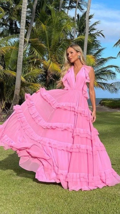 Quyihu Prom Clothing Pink V Neck Halter Ruffles A-Line Backless Long Prom Dress Party Dress