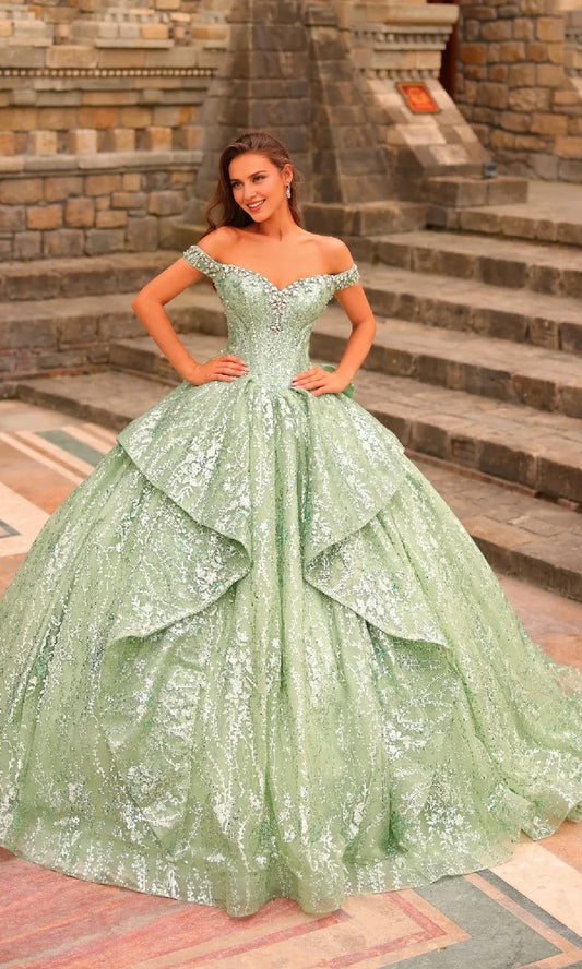 Quyihu Quinceanera Dress Glitter Off-the-shoulder Neckline Corset Bodice Back Bow With Sweeping Train Formal Wear Dresses