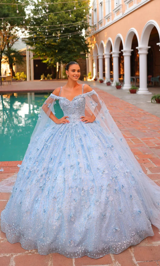 Quyihu Quinceanera Dress Long Pastel Off The Shoulder Ball Gown With 3d Floral Details And Sheer Cape Sleeves Formal Wear Dresses